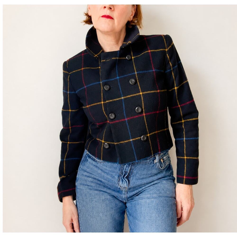 Vintage Wool Cropped Blazer Size 4 Mod Preppy Plaid Printed Classic 90s Era